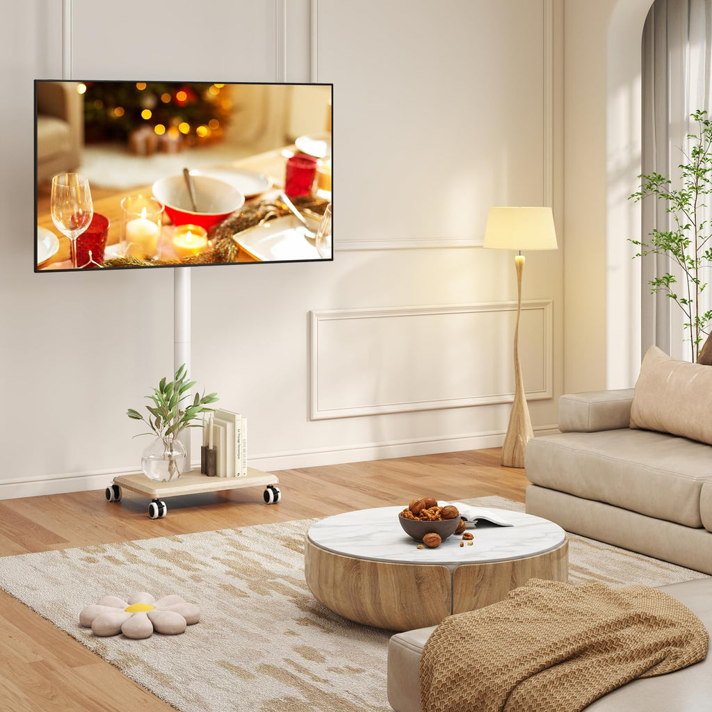 Rolling TV Stand for 32 to 60 Inch TV White Wood Base L8770