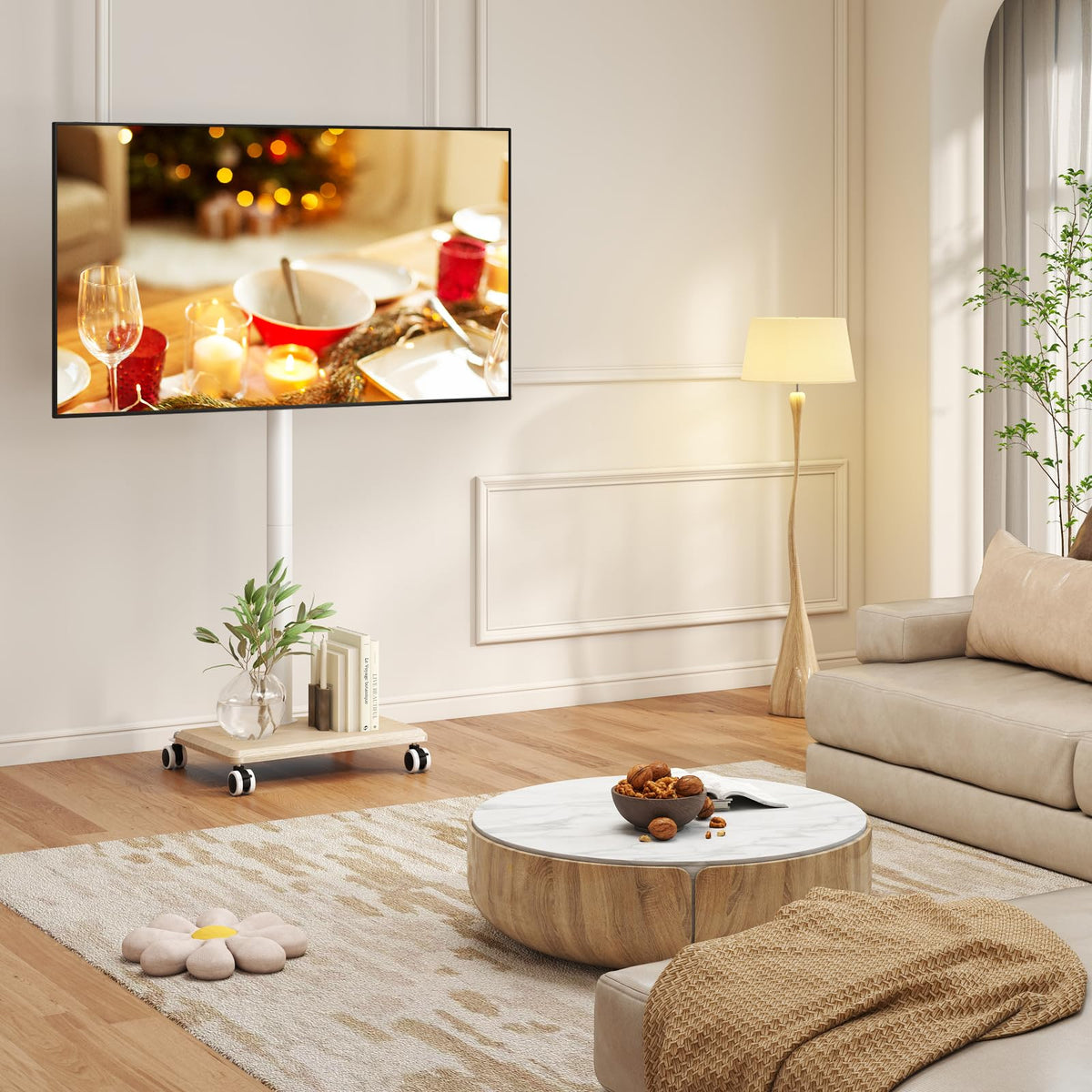 Rolling TV Stand for 32 to 60 Inch TV White Wood Base L8770