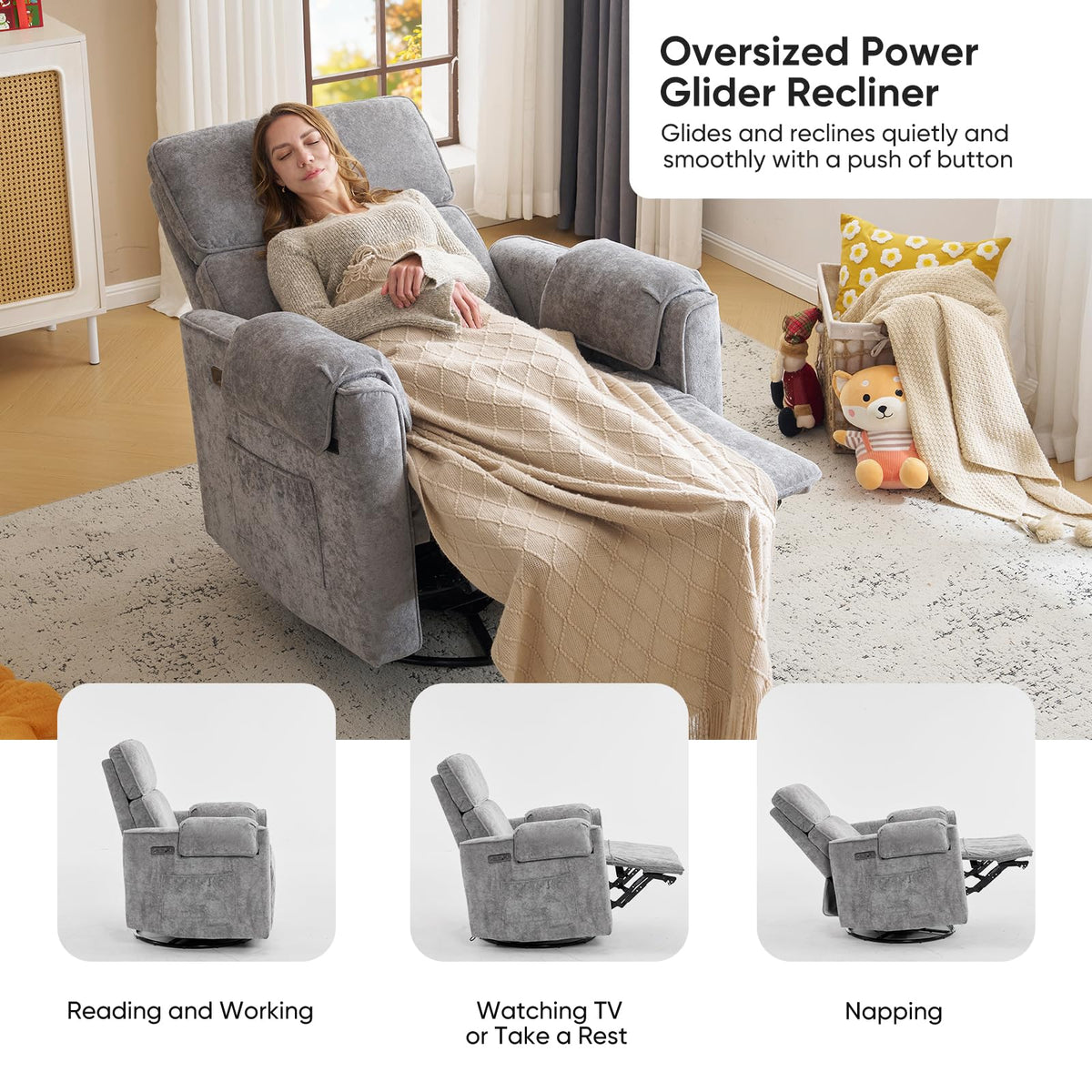 Oversized Chenille Swivel Rocker Recliner Chair with USB Ports R73374