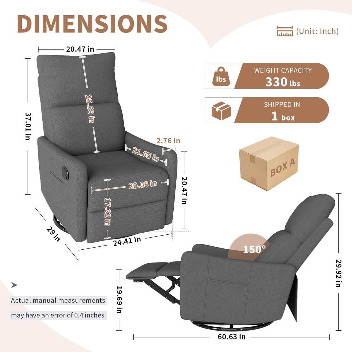 Dark Gray Swivel Rocker Recliner Chair N105