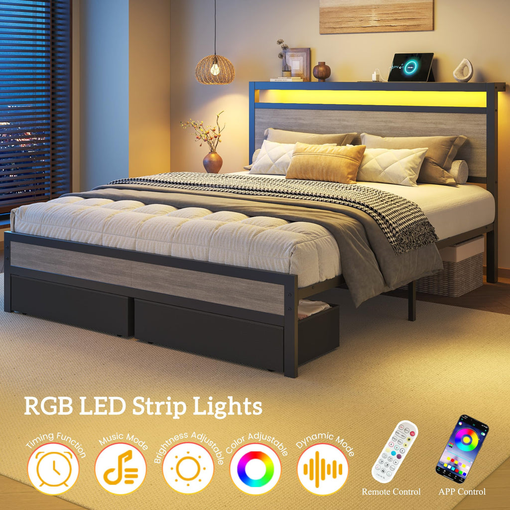 Queen Size Storage Bed Frame with Wood Headboard and LED Lights P442