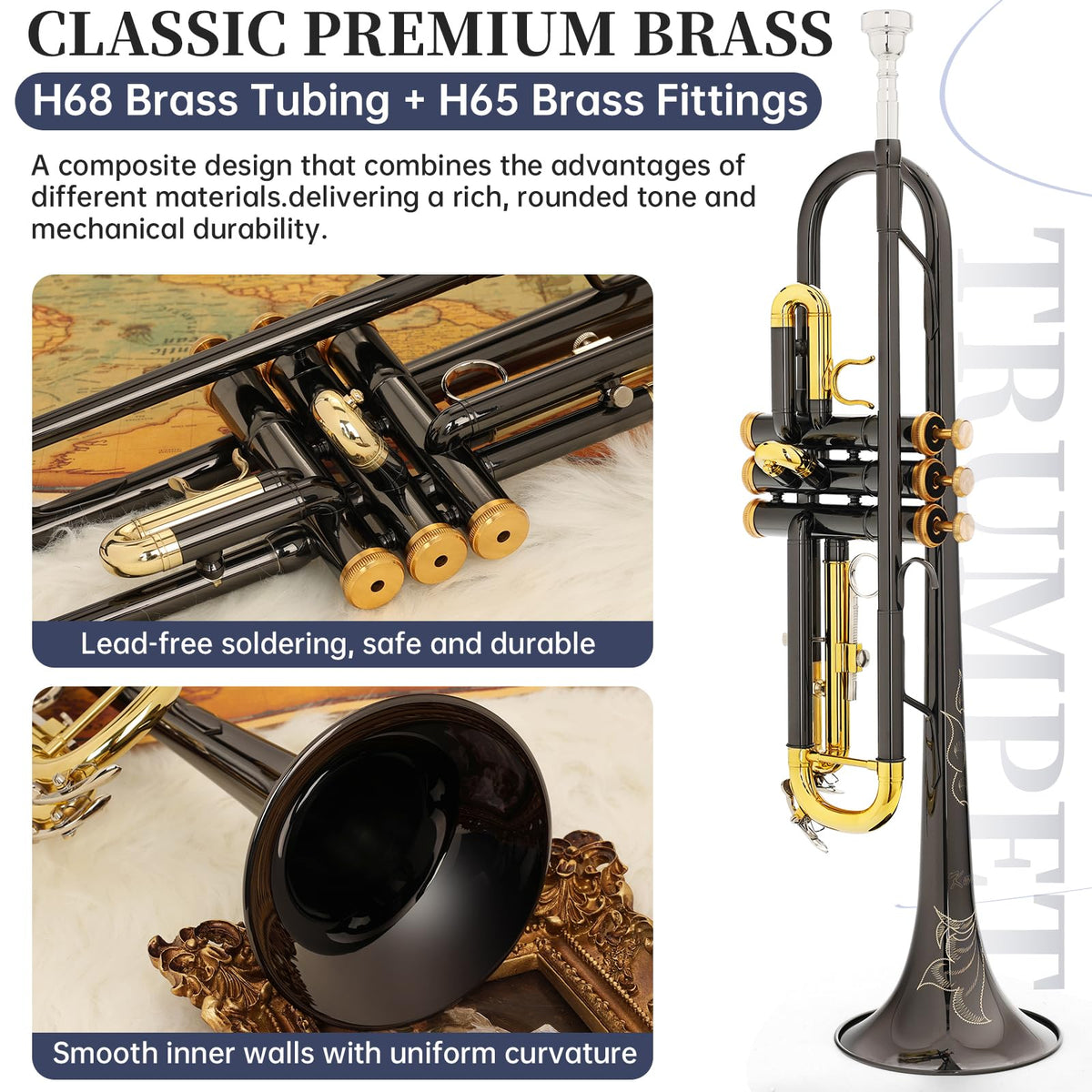 Bb Standard Trumpet with Case, Mouthpiece, Mute, Cleaning Kit Y748
