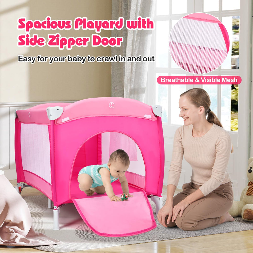 4 in 1 Pack and Play Portable Baby Bassinet Playpen with Diaper Changer Mattress Canopy Storage Rack Toy Bar Music Box Foldable Travel Playard Pink I317311