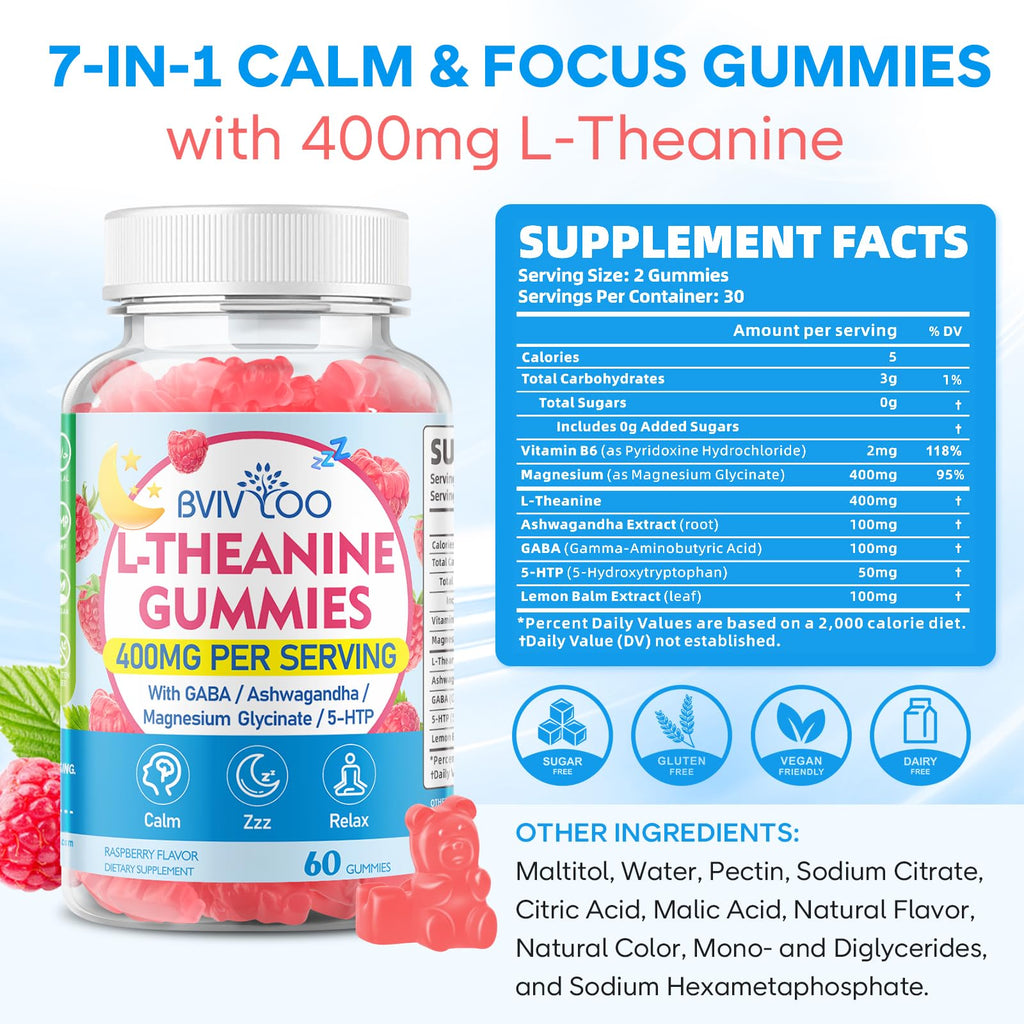 L-Theanine Gummies with Ashwagandha, GABA, 5-HTP, Magnesium Glycinate, Raspberry, 60 Count F83470