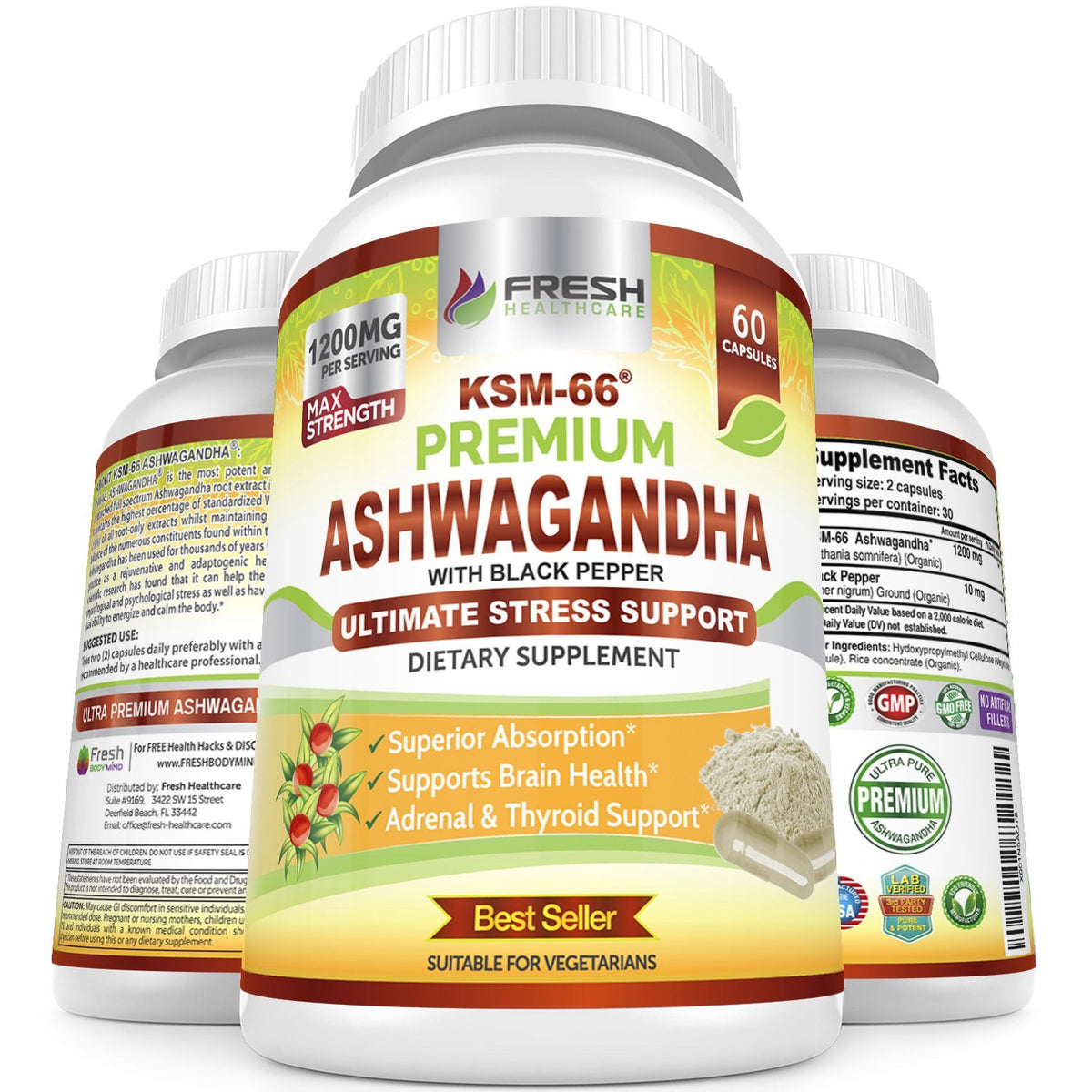 Ashwagandha Capsules 1200mg Root Extract with Black Pepper 60 Vegan Capsules C317