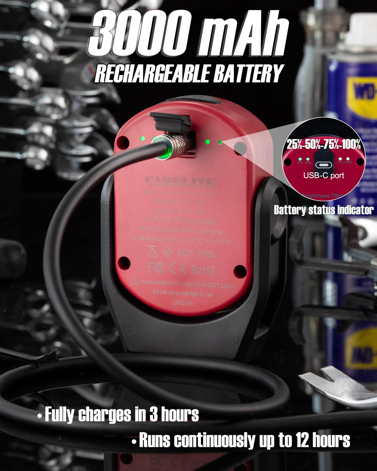 Magnetic Work Light 780 Lumen Rechargeable 3000mAh Red W935825