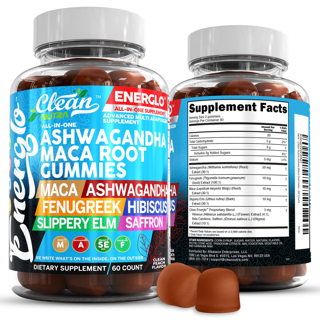 Ashwagandha Maca Root Gummies with Fenugreek Hibiscus Slippery Elm Saffron Extract & Beta Carotene Peach Flavor Vegan Gummy Vitamins E8534