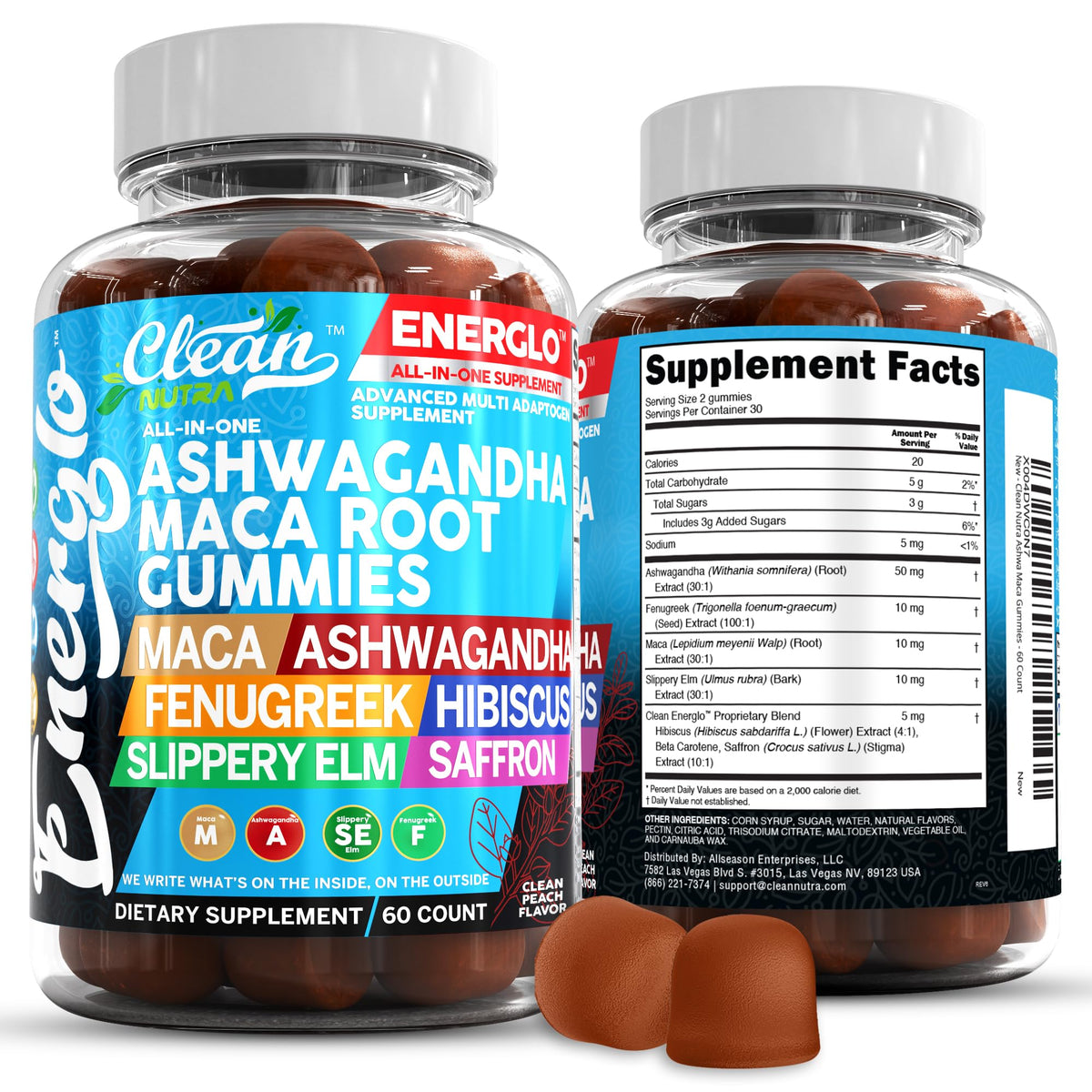 Ashwagandha Maca Root Gummies with Fenugreek Hibiscus Slippery Elm Saffron Extract & Beta Carotene Peach Flavor Vegan Gummy Vitamins E8534