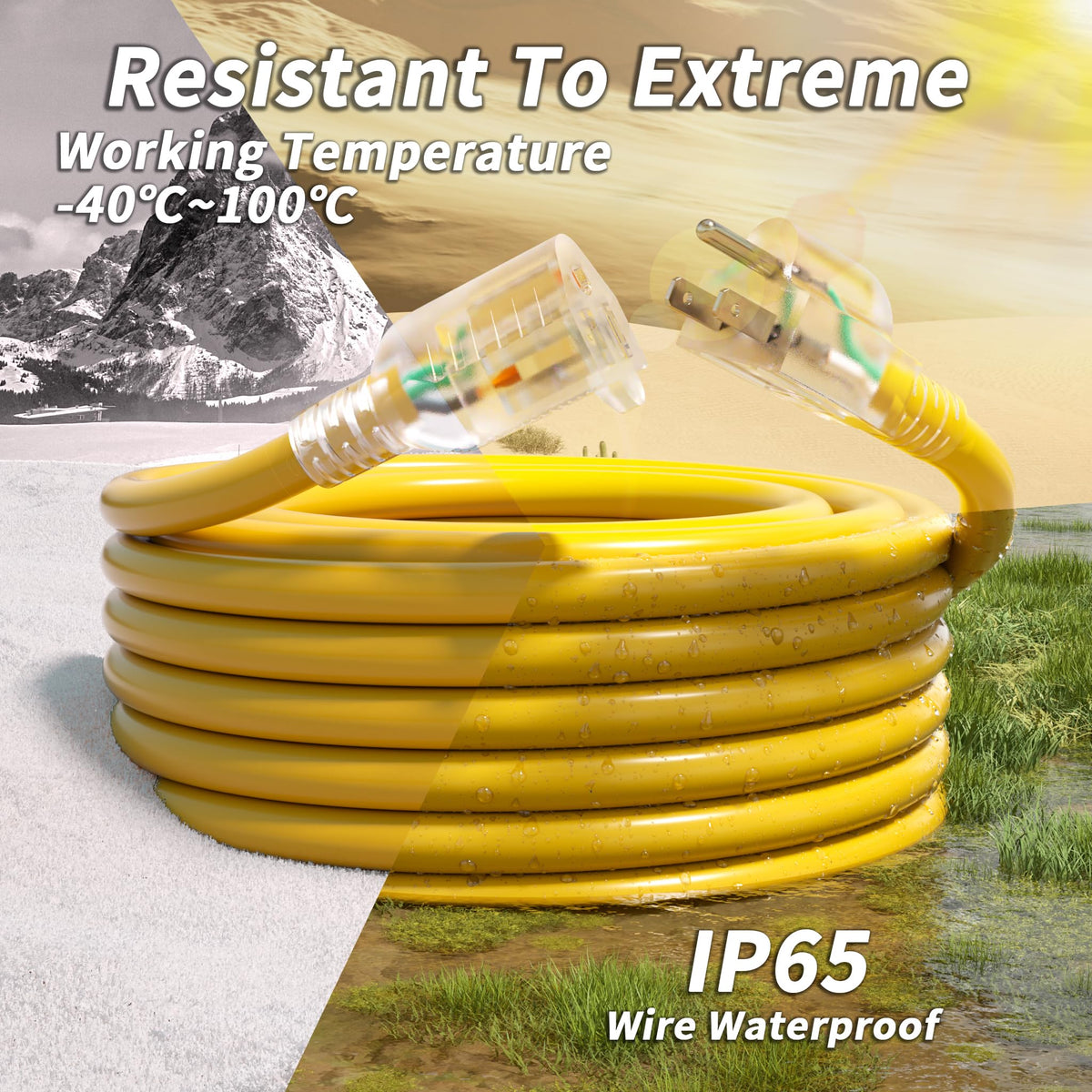 100ft 10 Gauge Waterproof Outdoor Extension Cord Yellow J4251