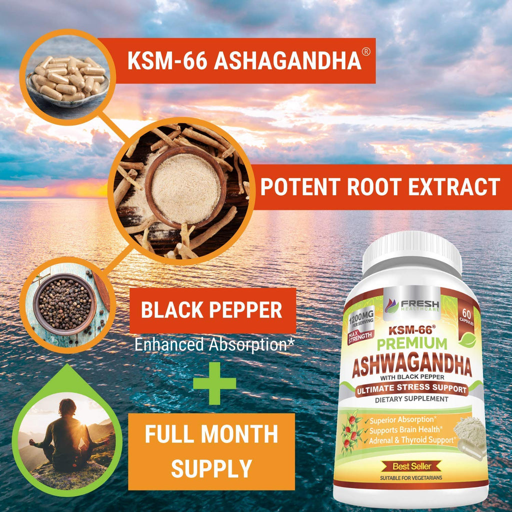 Ashwagandha Capsules 1200mg Root Extract with Black Pepper 60 Vegan Capsules C317