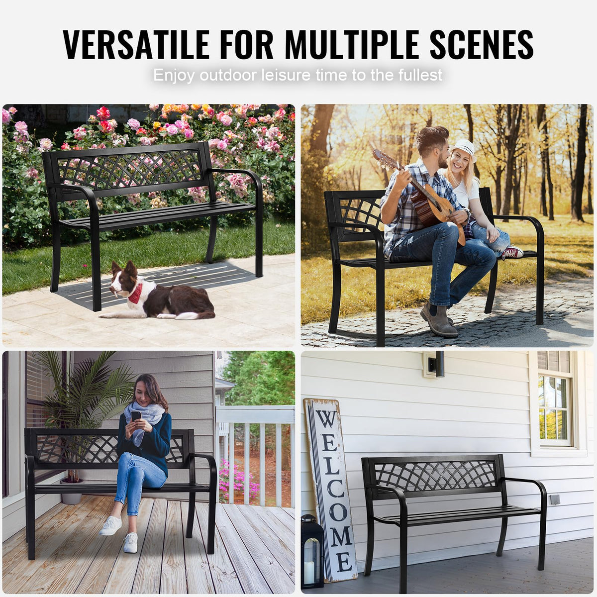46" Iron Steel Frame Garden Bench with Mesh Pattern and Plastic Backrest S2906