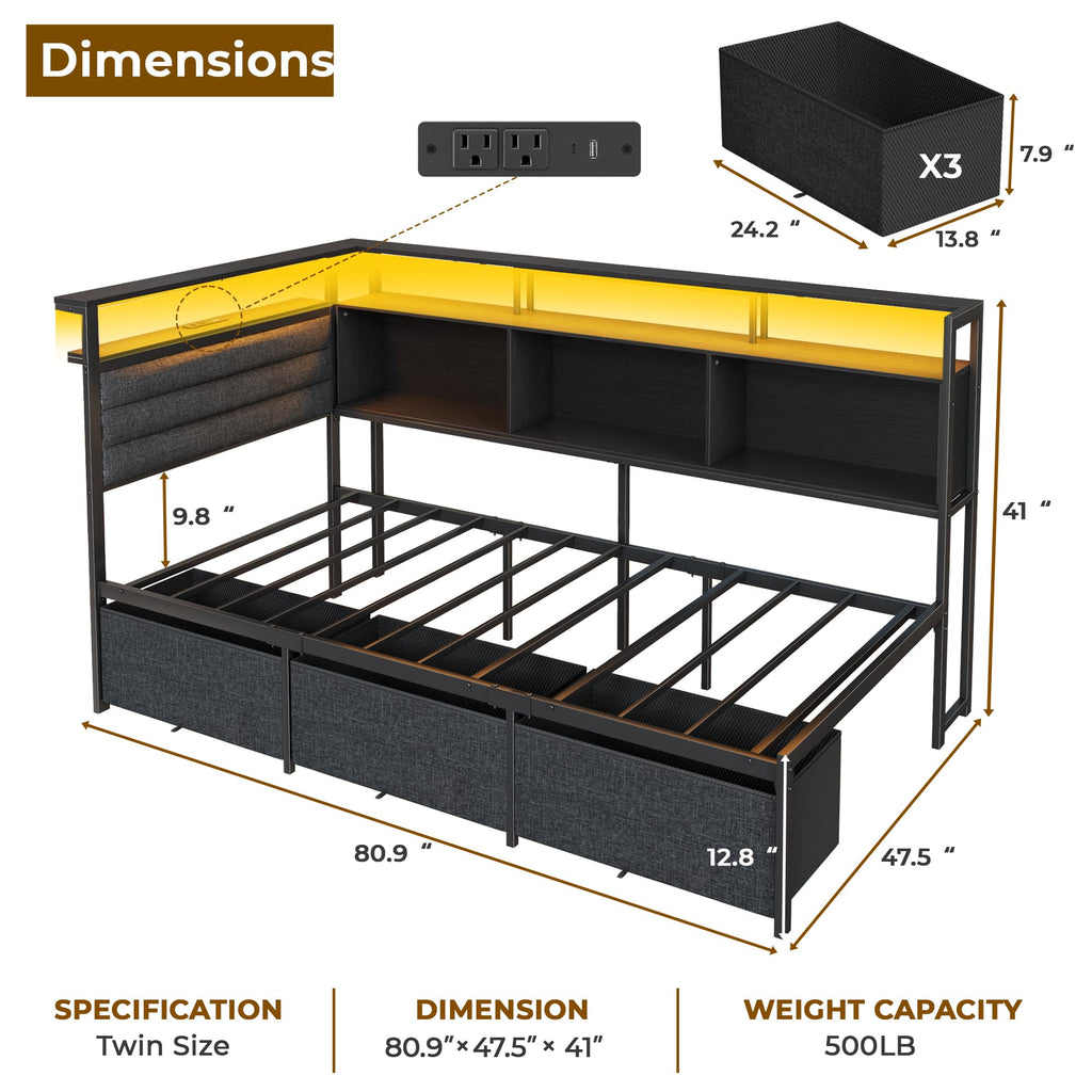 Twin Corner Bed Frame with Upholstered Headboard, 3 Storage Drawers D611248