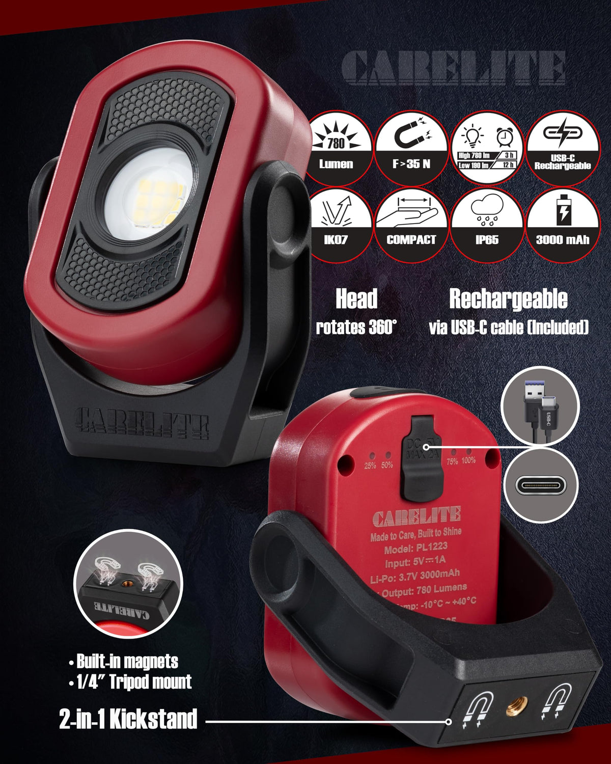 Magnetic Work Light 780 Lumen Rechargeable 3000mAh Red W935825