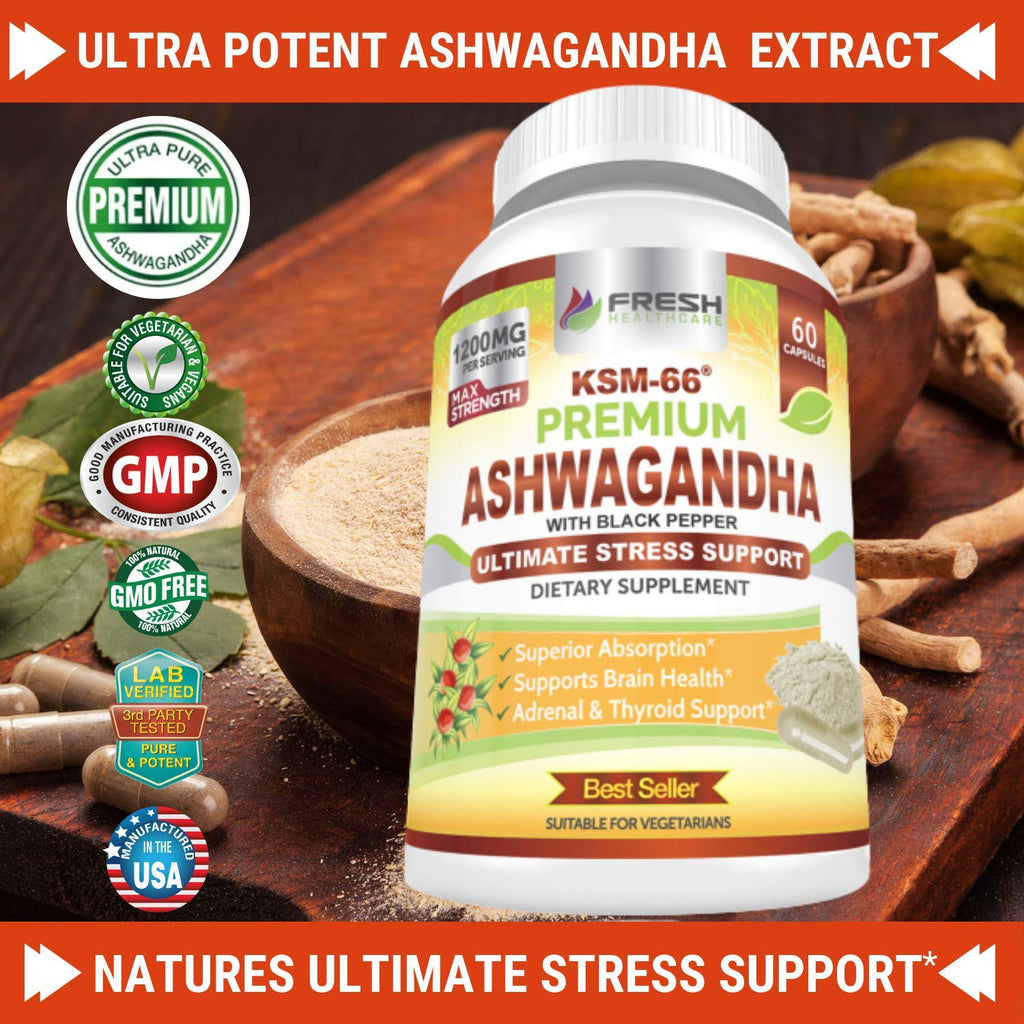 Ashwagandha Capsules 1200mg Root Extract with Black Pepper 60 Vegan Capsules C317