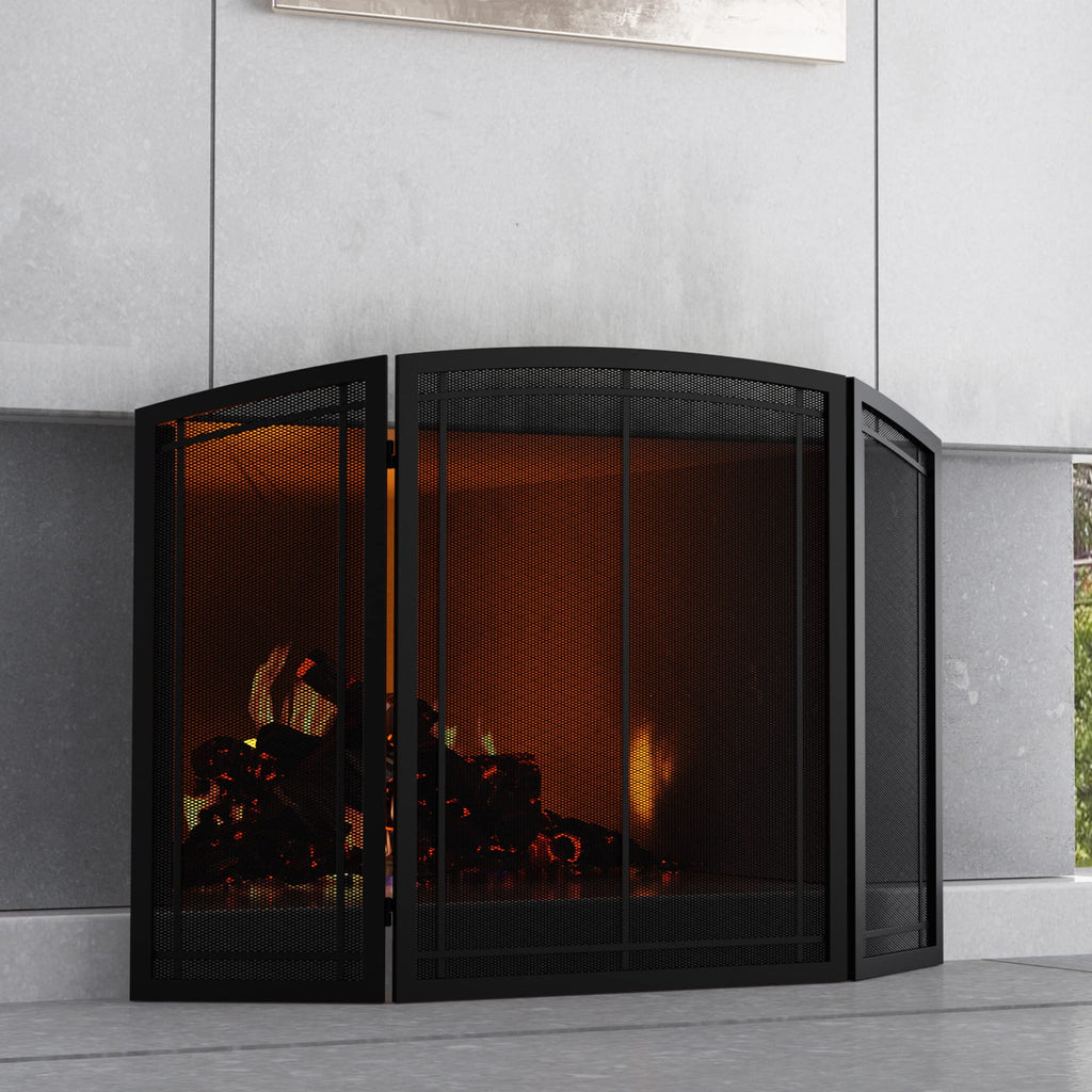 Black 3 Panel Wrought Iron Fireplace Screen 48x30 Inch K73968