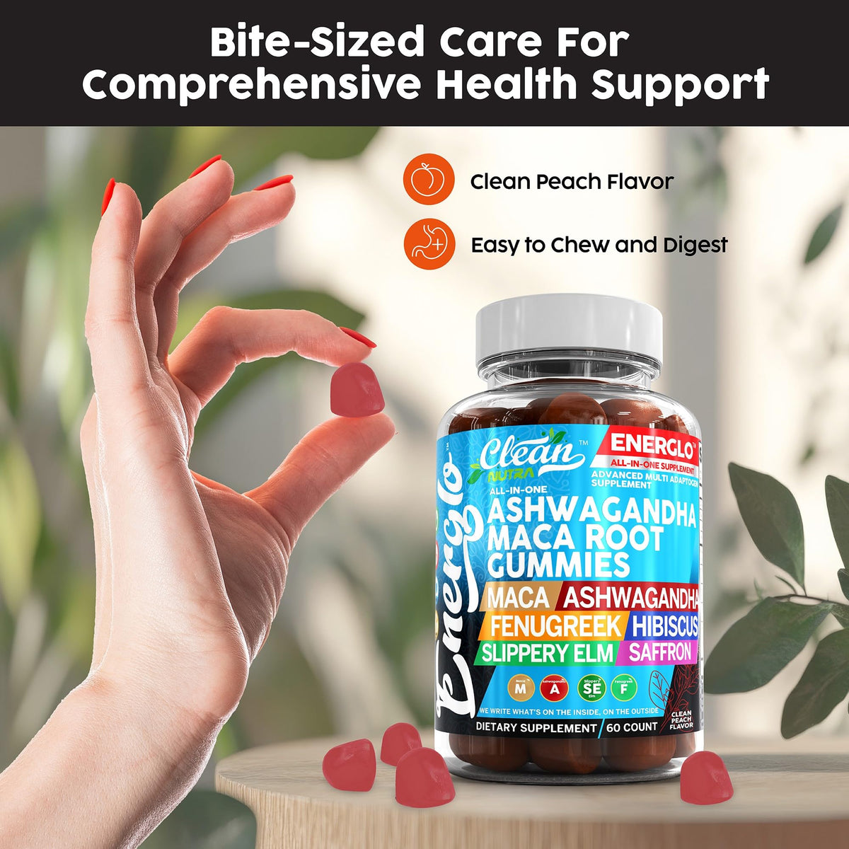 Ashwagandha Maca Root Gummies with Fenugreek Hibiscus Slippery Elm Saffron Extract & Beta Carotene Peach Flavor Vegan Gummy Vitamins E8534