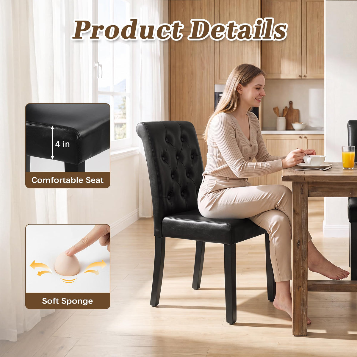 Black Set of 6 Upholstered Dining Chairs with Wood Legs A5080