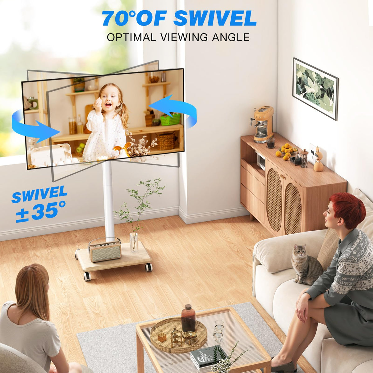 Rolling TV Stand for 32 to 60 Inch TV White Wood Base L8770