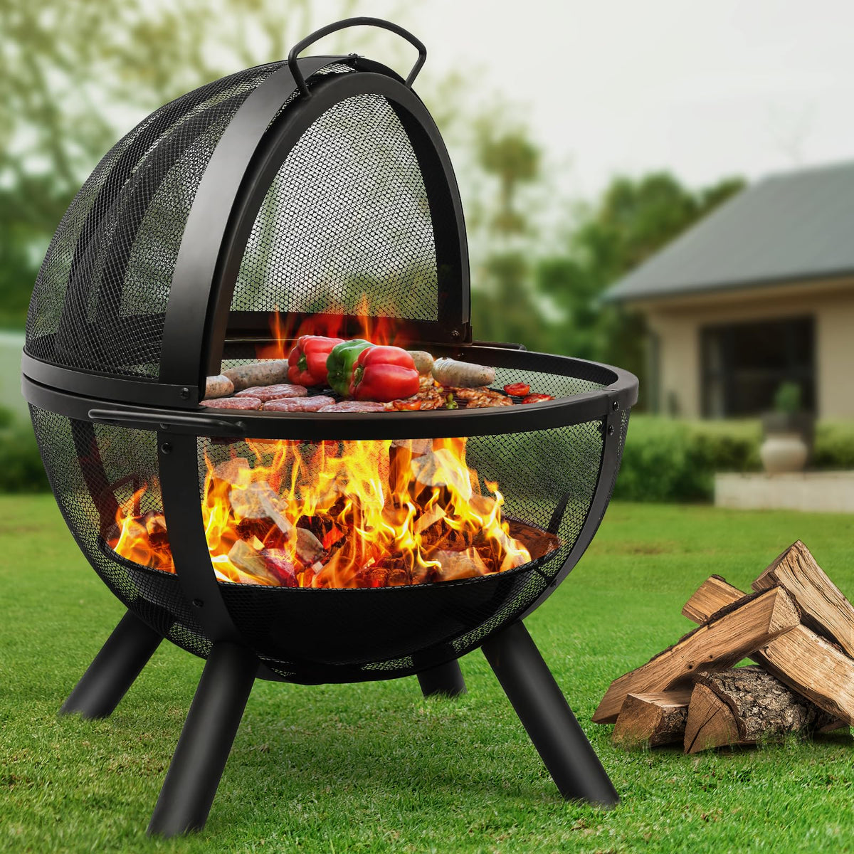 Black Round Fire Pit with BBQ Grill R2900