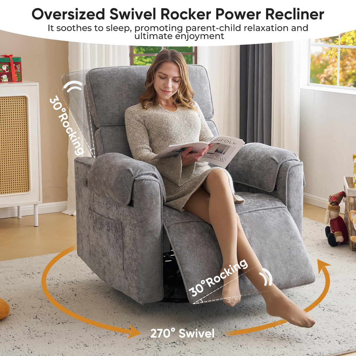 Oversized Chenille Swivel Rocker Recliner Chair with USB Ports R73374