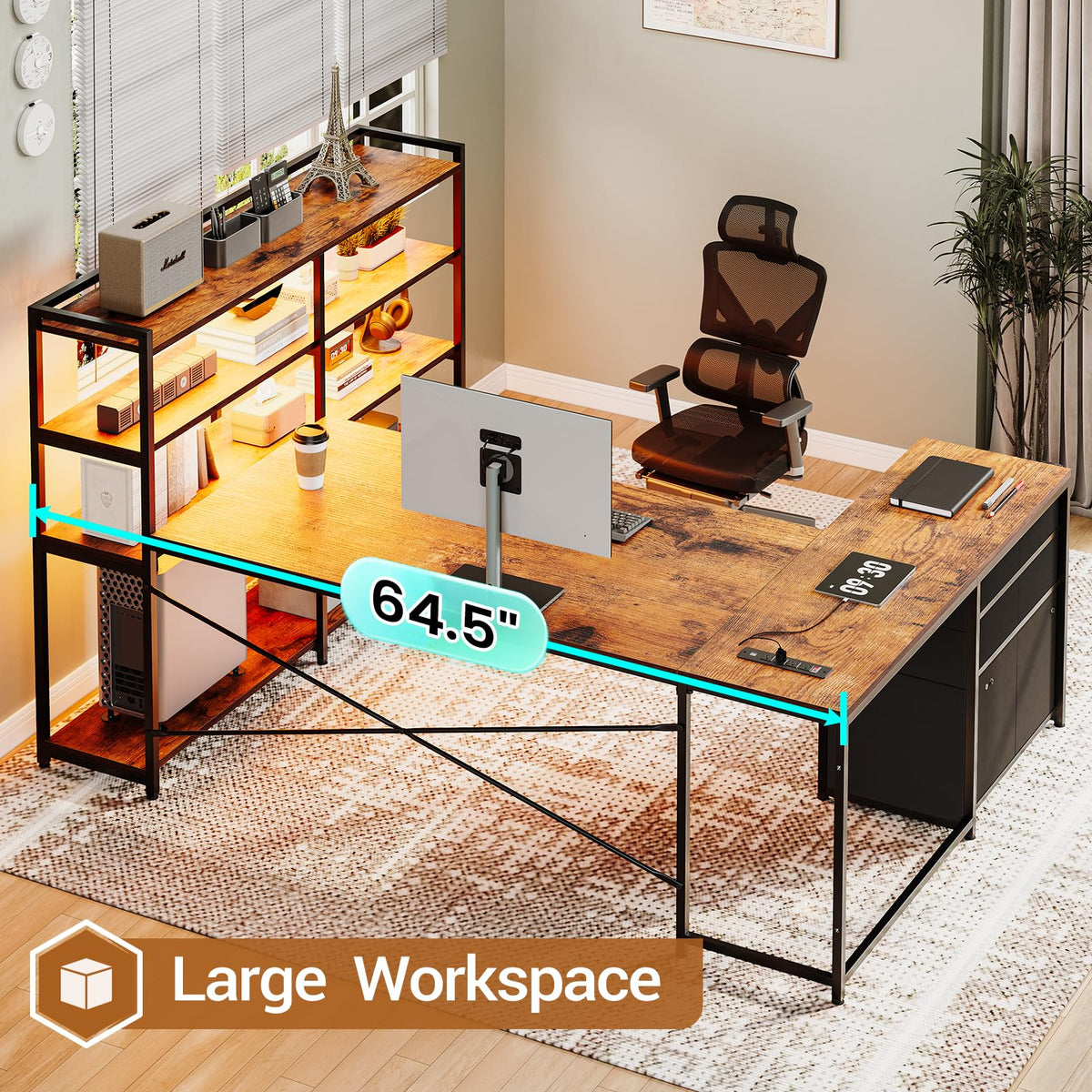 64.5" Reversible L Shaped Office Desk with Storage Drawers F619270