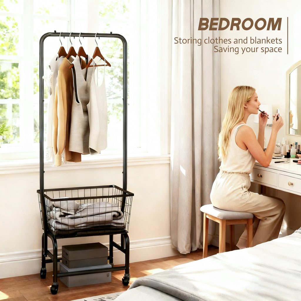 Black Rolling Laundry Cart with Hanging Rack U220
