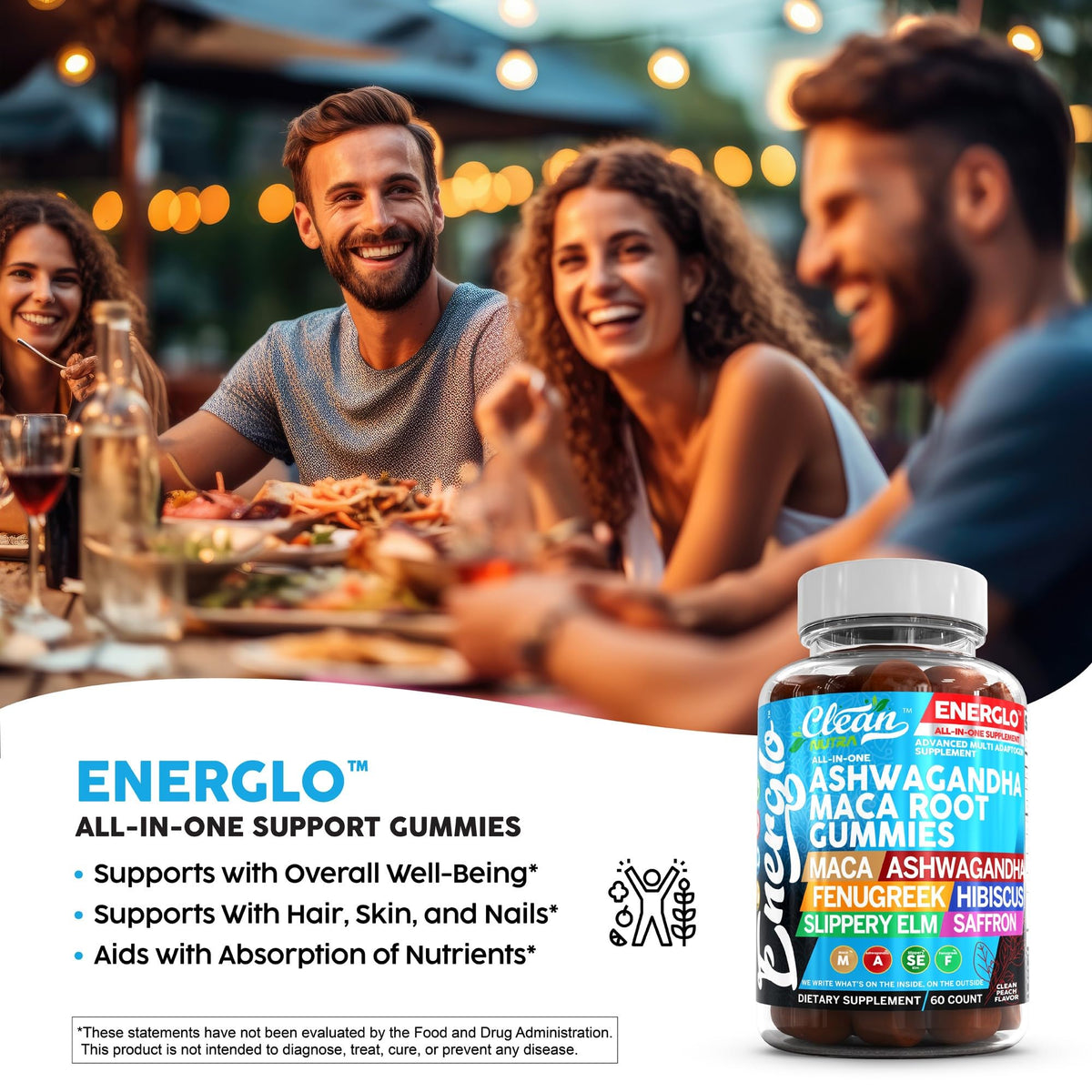 Ashwagandha Maca Root Gummies with Fenugreek Hibiscus Slippery Elm Saffron Extract & Beta Carotene Peach Flavor Vegan Gummy Vitamins E8534