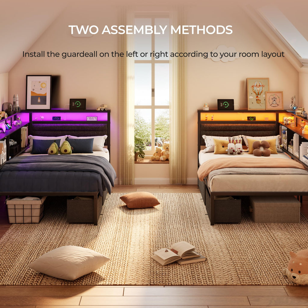 Twin Corner Bed Frame with Upholstered Headboard, 3 Storage Drawers D611248