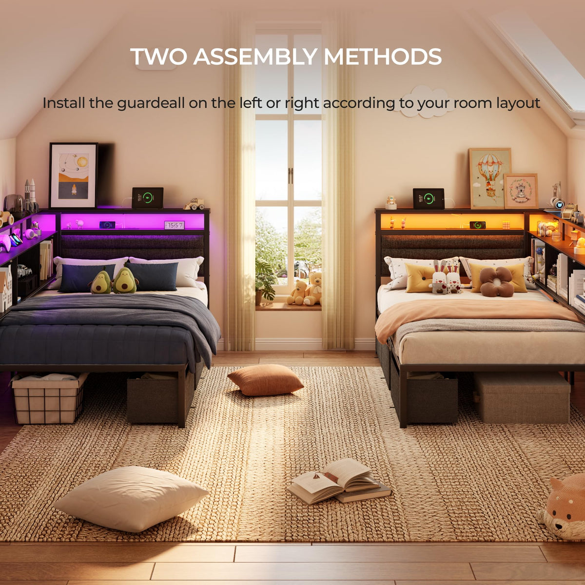 Twin Corner Bed Frame with Upholstered Headboard, 3 Storage Drawers D611248