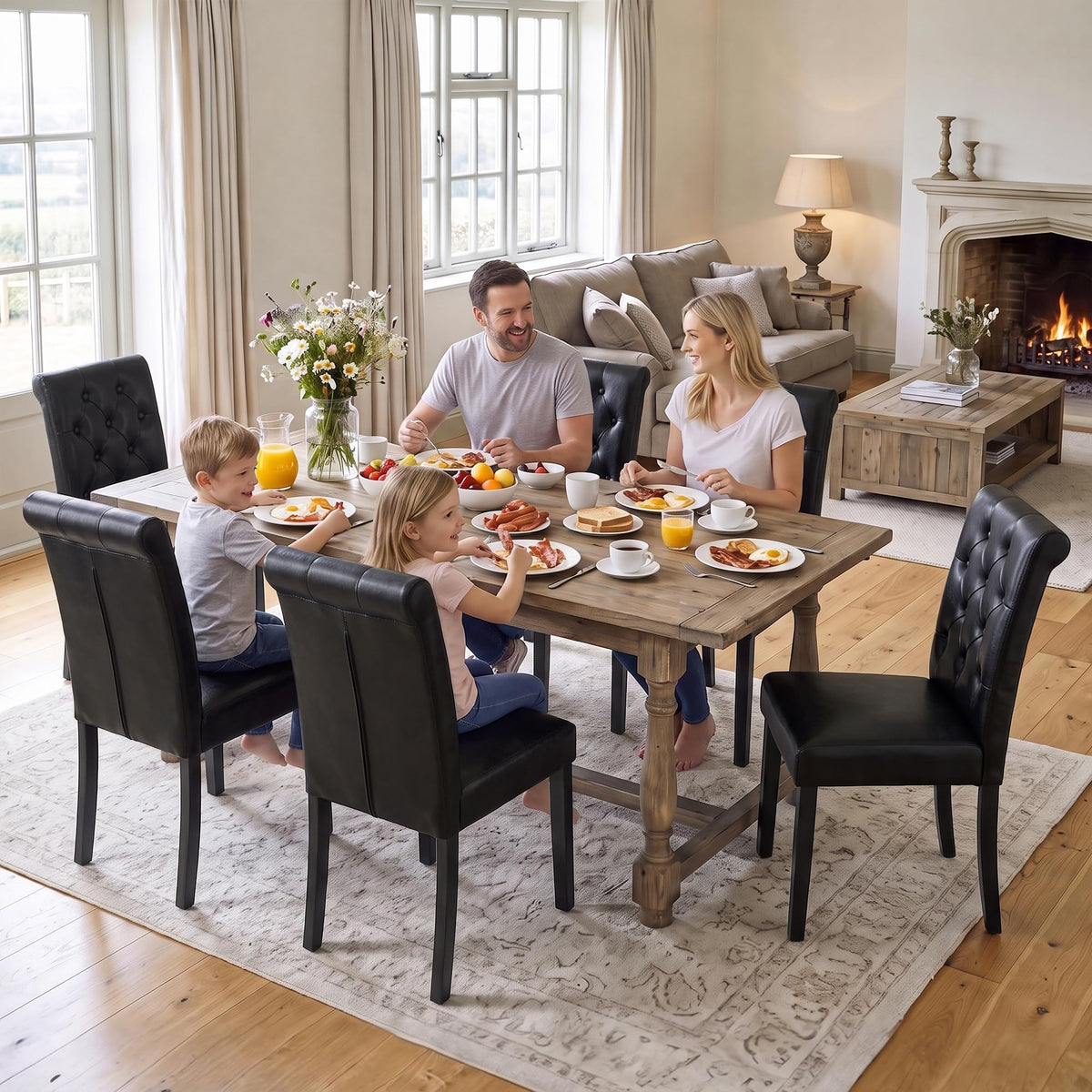 Black Set of 6 Upholstered Dining Chairs with Wood Legs A5080