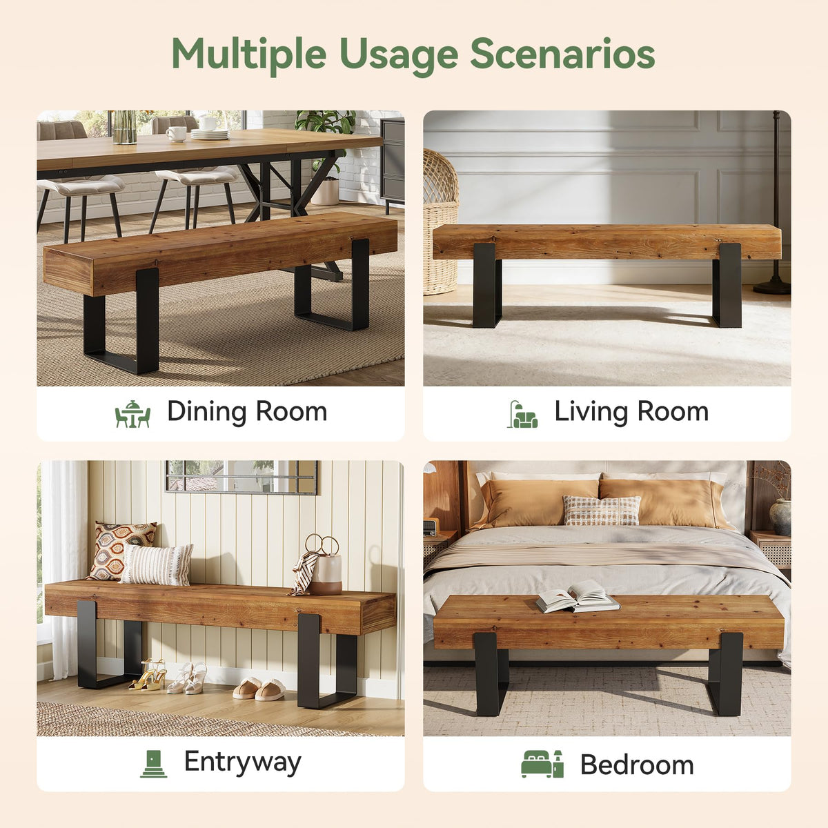 Solid Wooden Entryway Bench with Metal Legs G55639