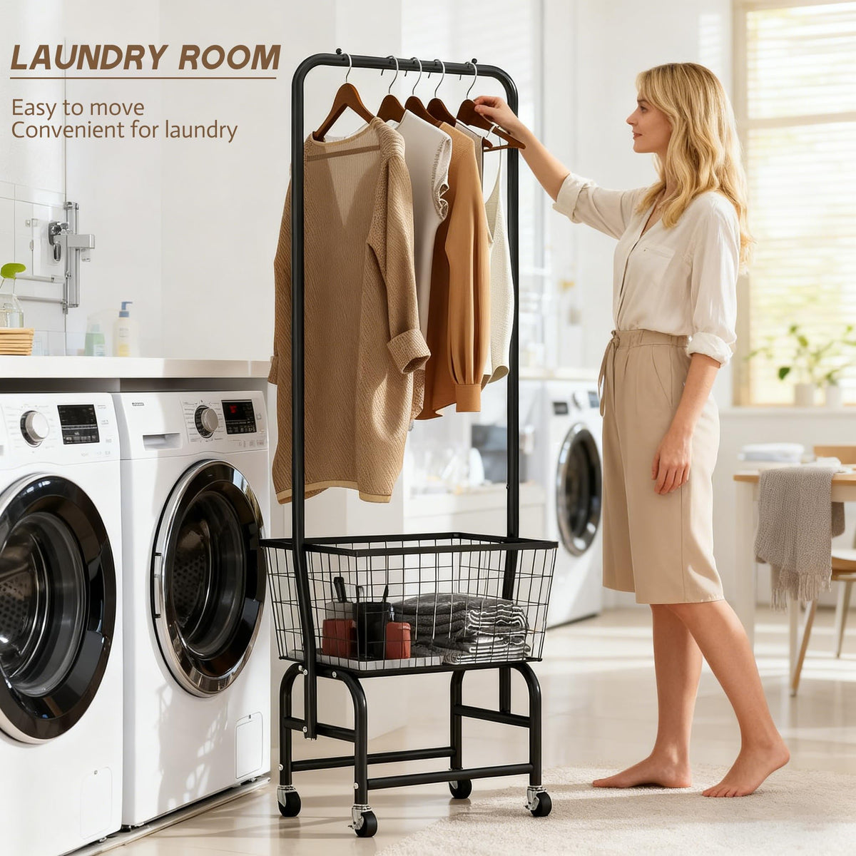 Black Rolling Laundry Cart with Hanging Rack U220