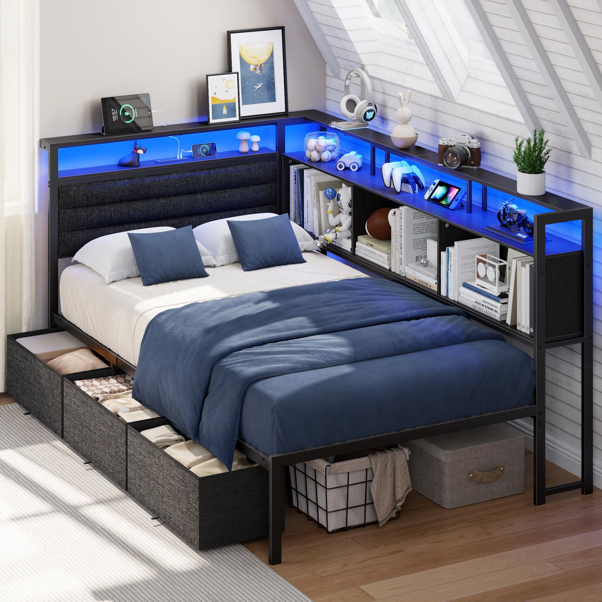 Twin Corner Bed Frame with Upholstered Headboard, 3 Storage Drawers D611248