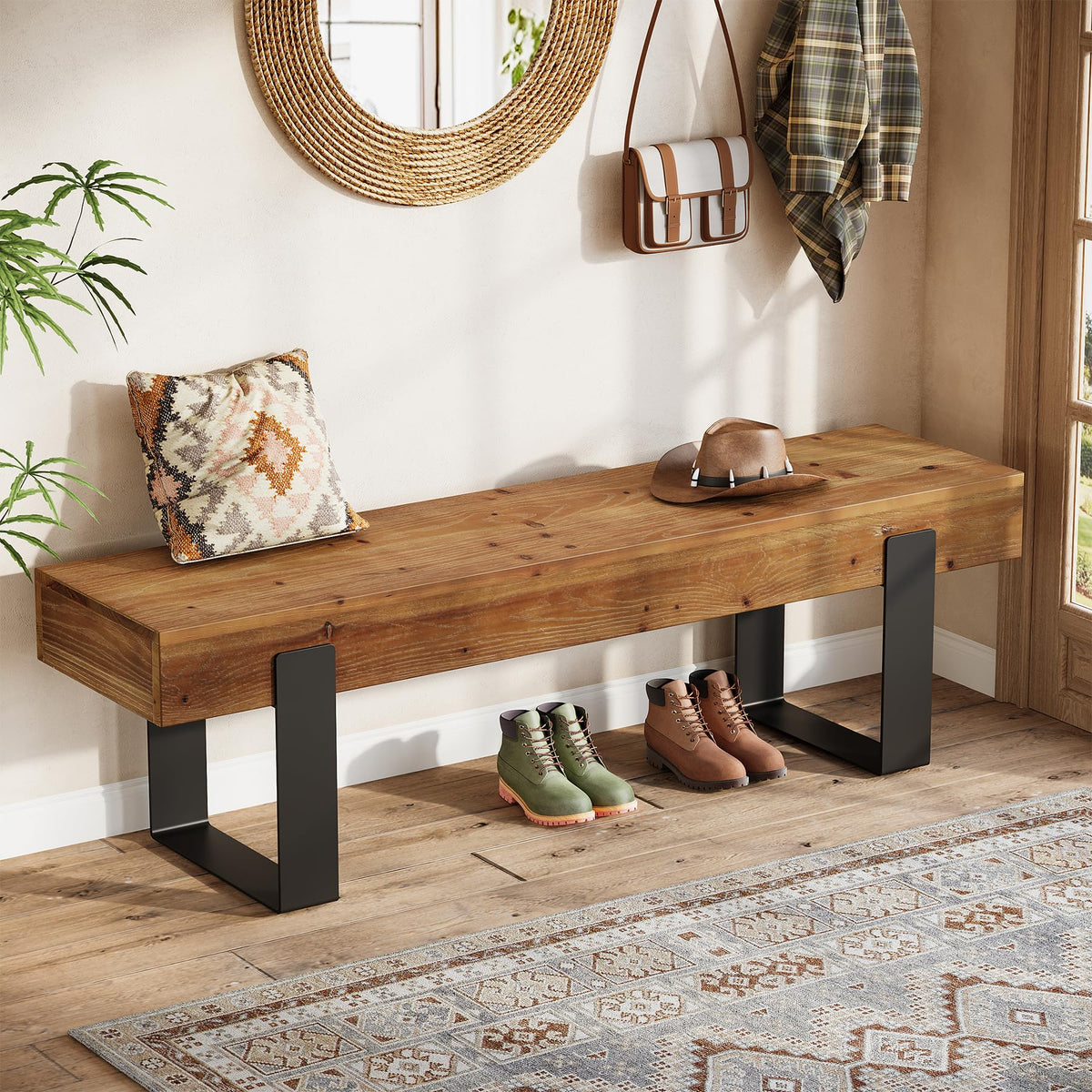Solid Wooden Entryway Bench with Metal Legs G55639