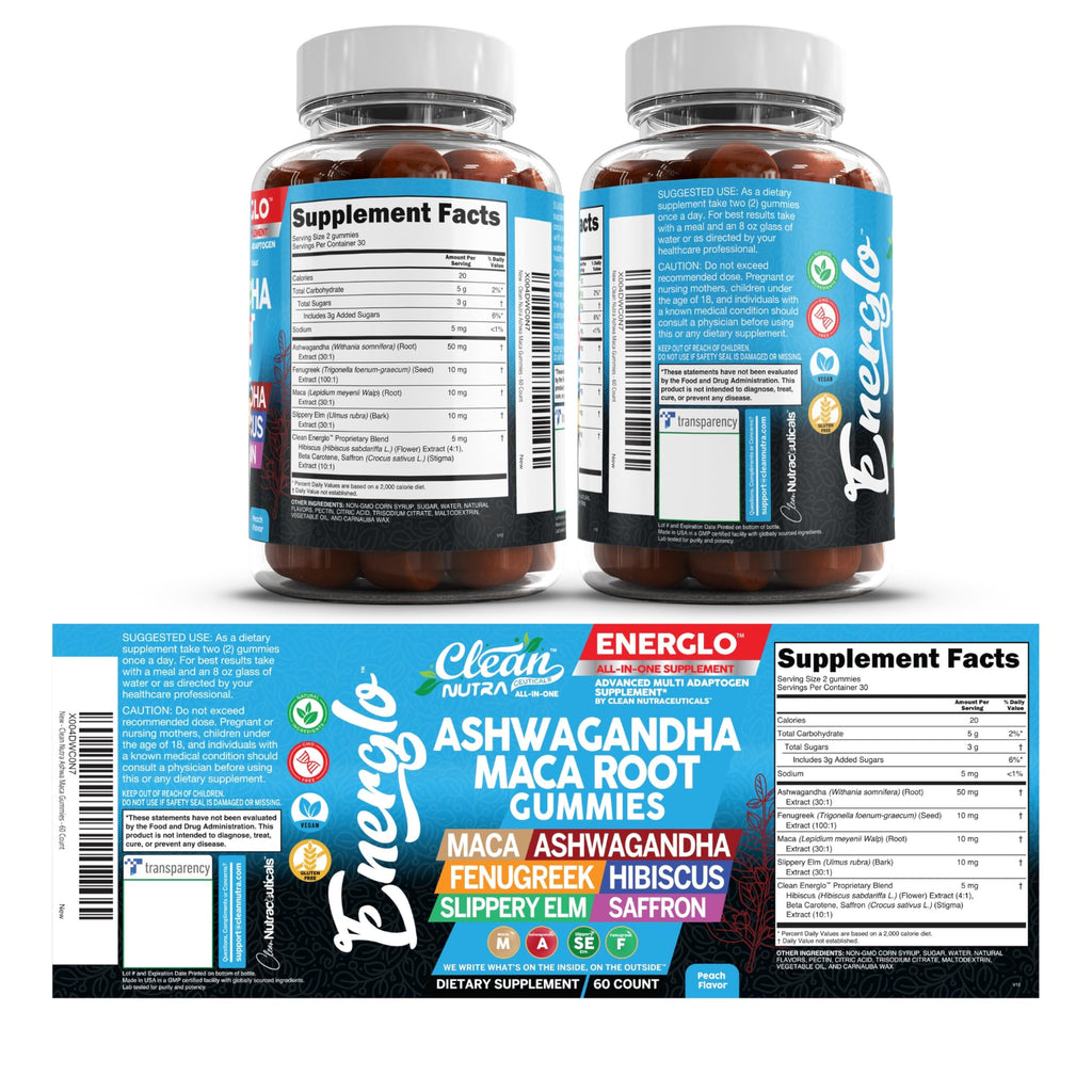 Ashwagandha Maca Root Gummies with Fenugreek Hibiscus Slippery Elm Saffron Extract & Beta Carotene Peach Flavor Vegan Gummy Vitamins E8534