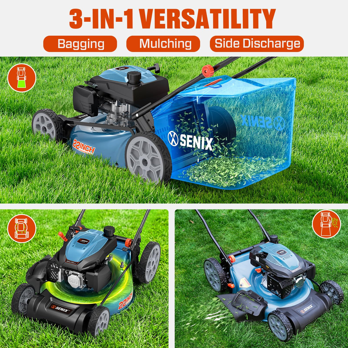 22" 3-in-1 Self Propelled Gas Lawn Mower A3099