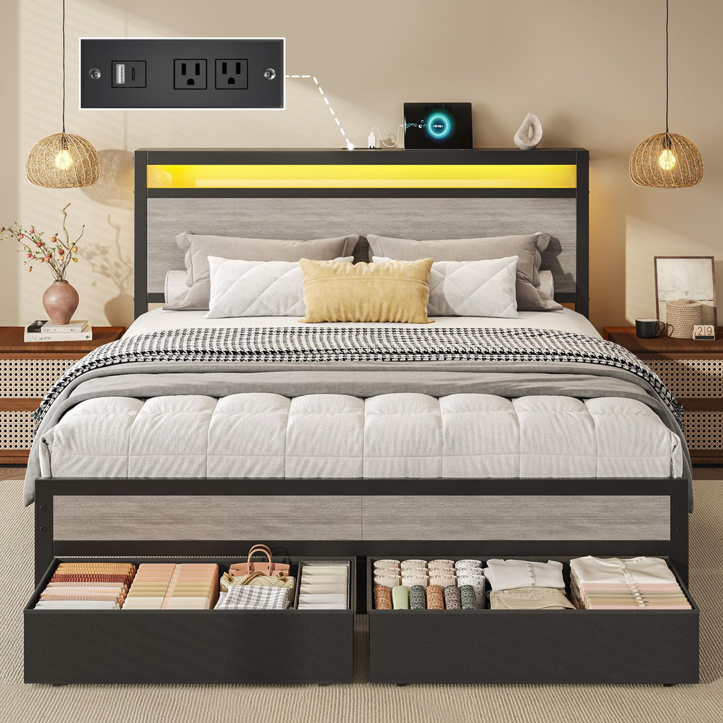 Queen Size Storage Bed Frame with Wood Headboard and LED Lights P442