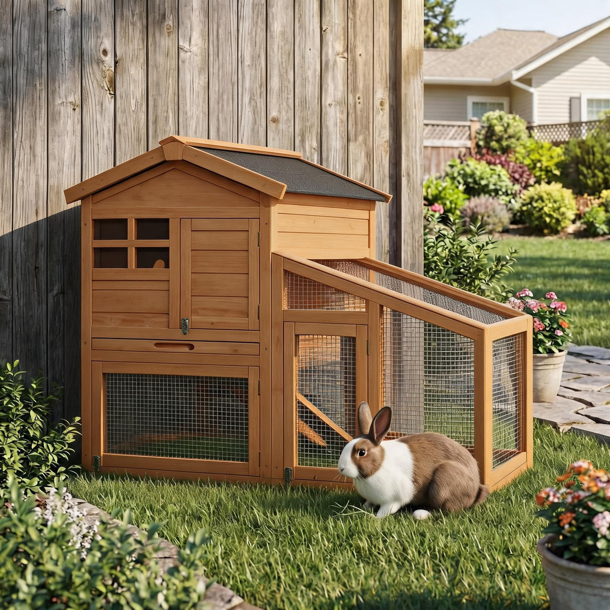 2-Story Wooden Rabbit Hutch with Run M867492