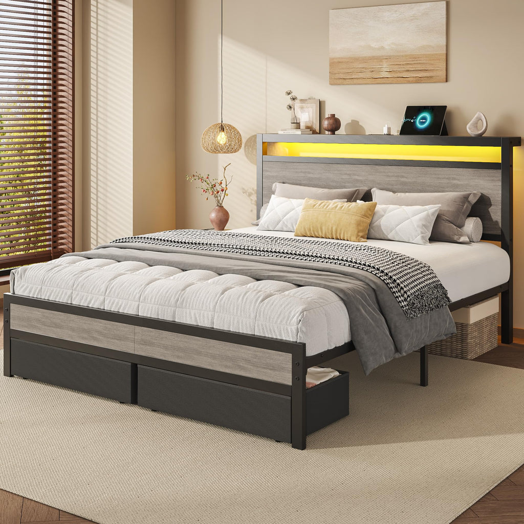 Queen Size Storage Bed Frame with Wood Headboard and LED Lights P442