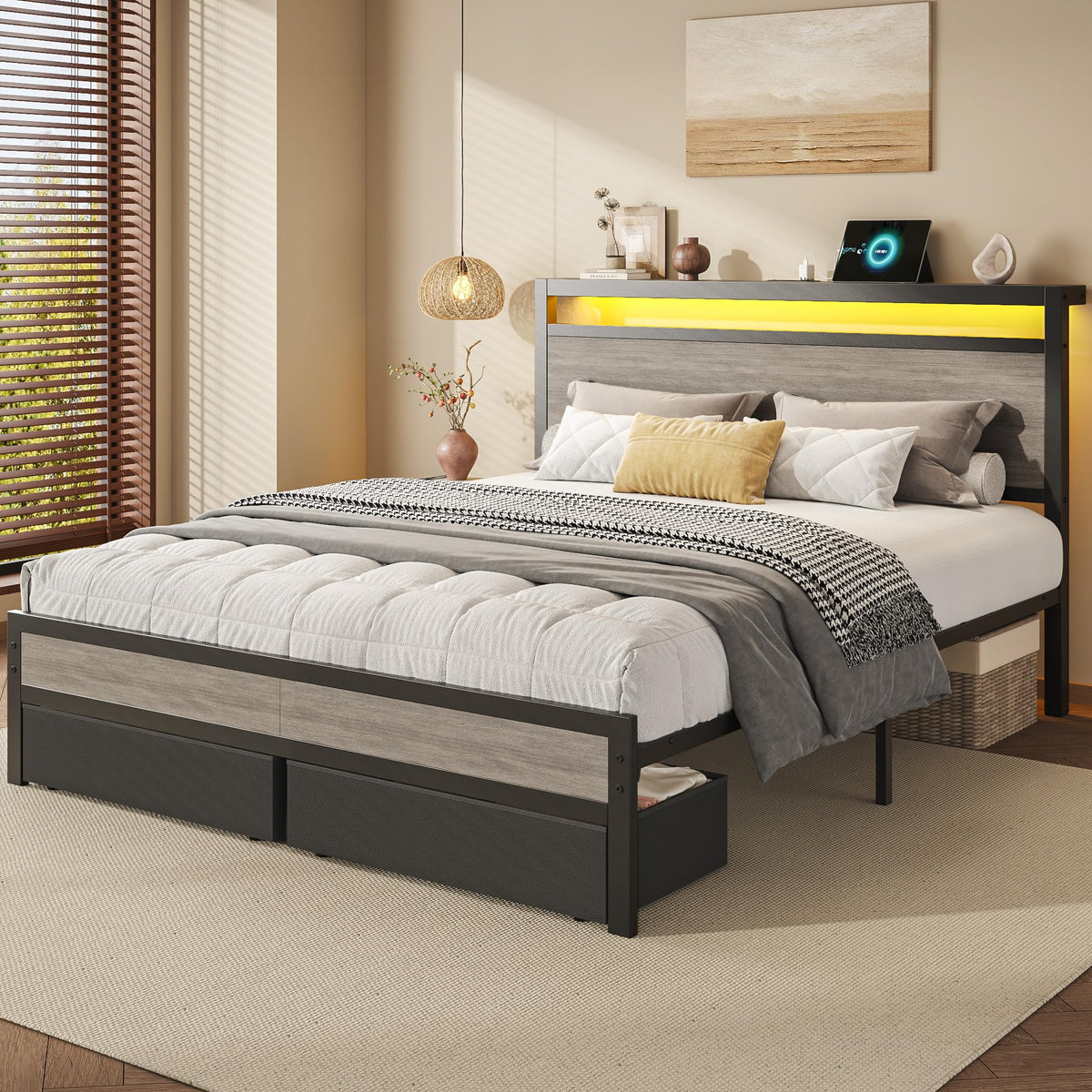 Queen Size Storage Bed Frame with Wood Headboard and LED Lights P442