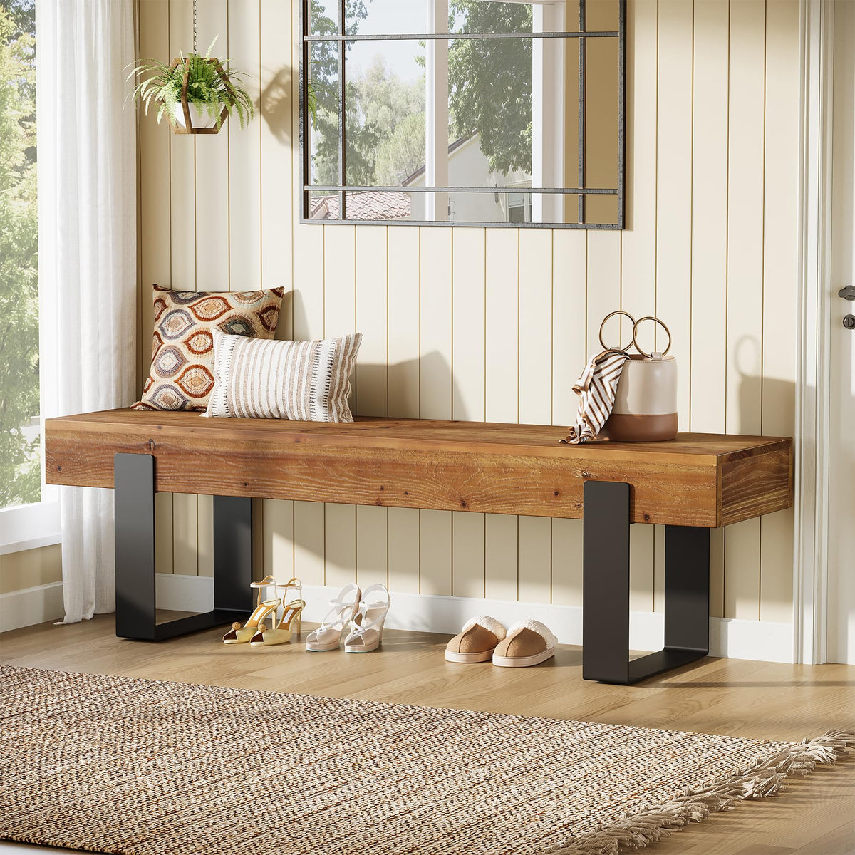 Solid Wooden Entryway Bench with Metal Legs G55639