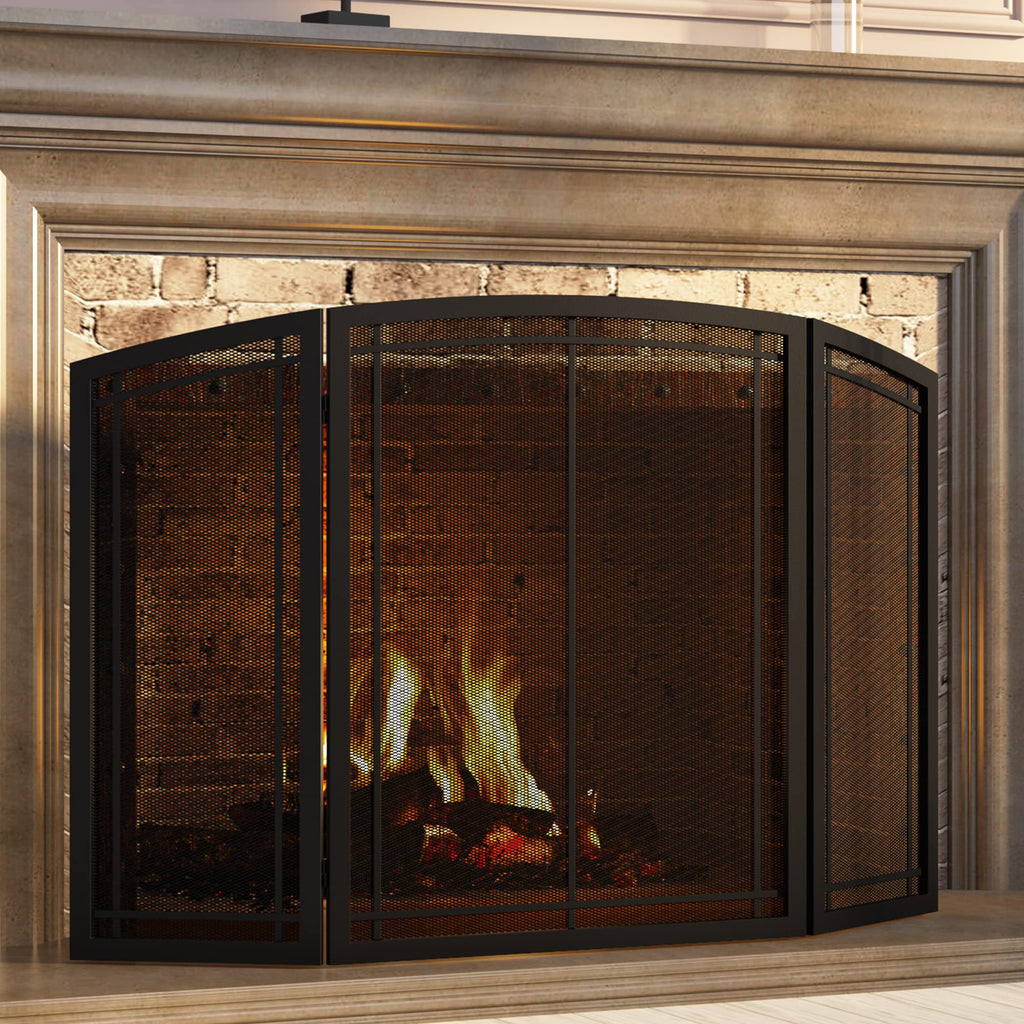 Black 3 Panel Wrought Iron Fireplace Screen 48x30 Inch K73968