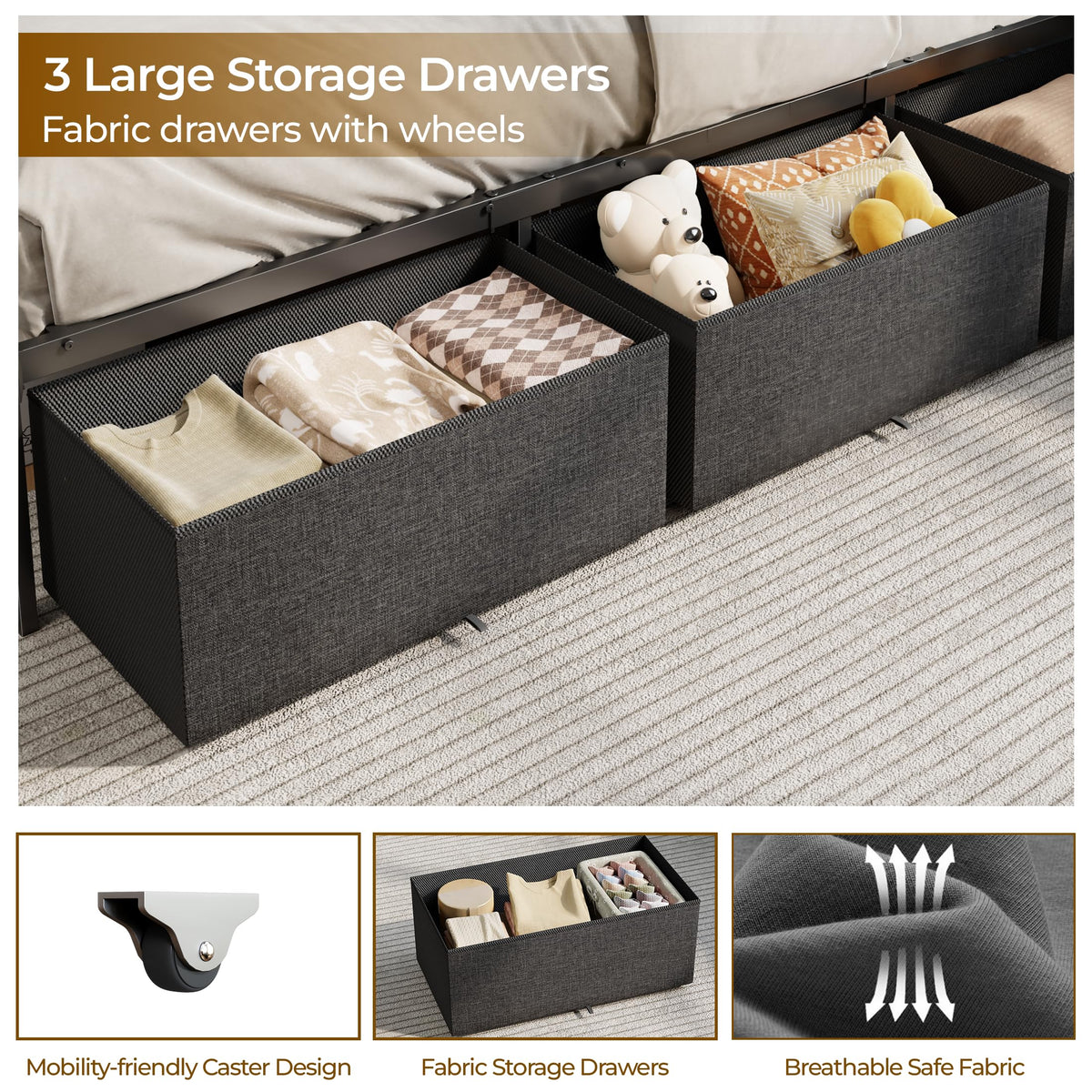 Twin Corner Bed Frame with Upholstered Headboard, 3 Storage Drawers D611248