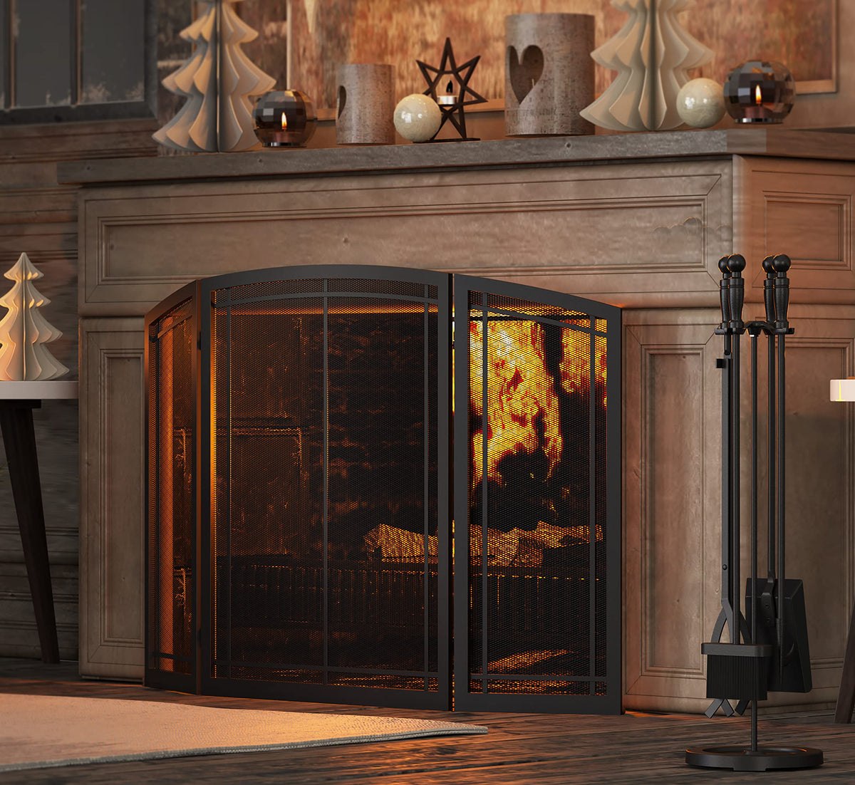 Black 3 Panel Wrought Iron Fireplace Screen 48x30 Inch K73968