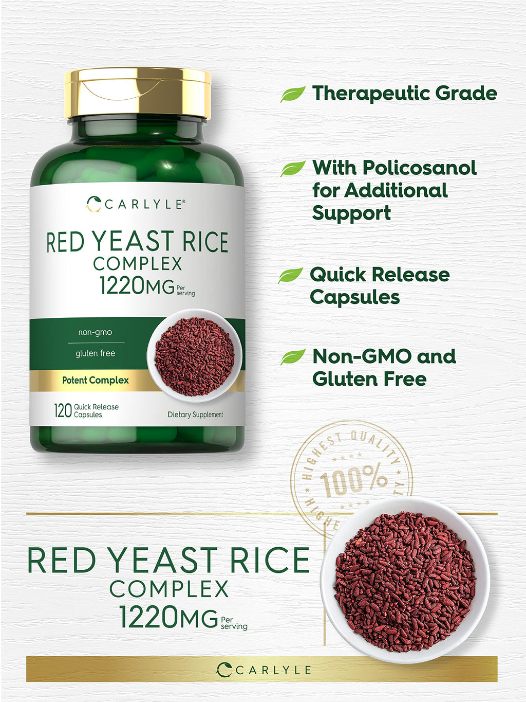 Red Yeast Rice 1220mg 120 Capsules with Policosanol F245793