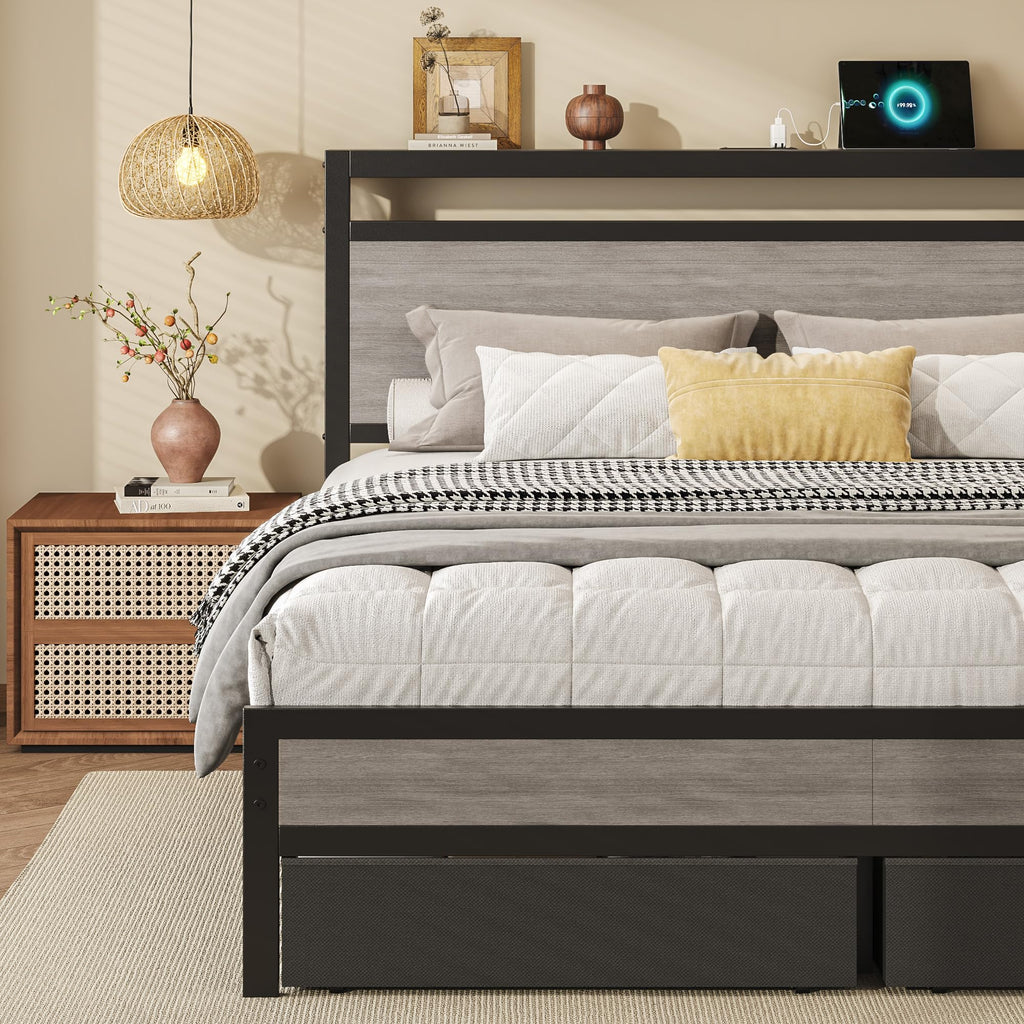 Queen Size Storage Bed Frame with Wood Headboard and LED Lights P442