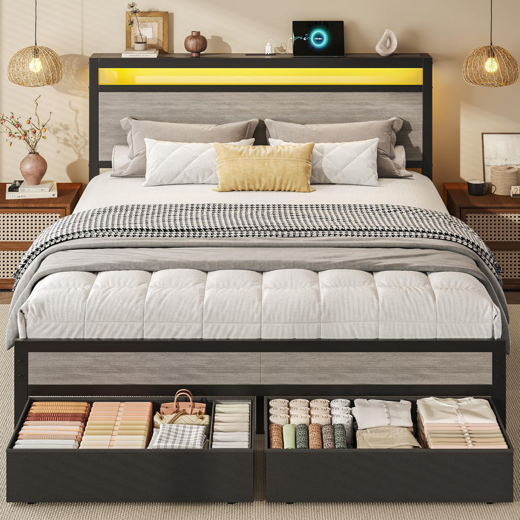 Queen Size Storage Bed Frame with Wood Headboard and LED Lights P442