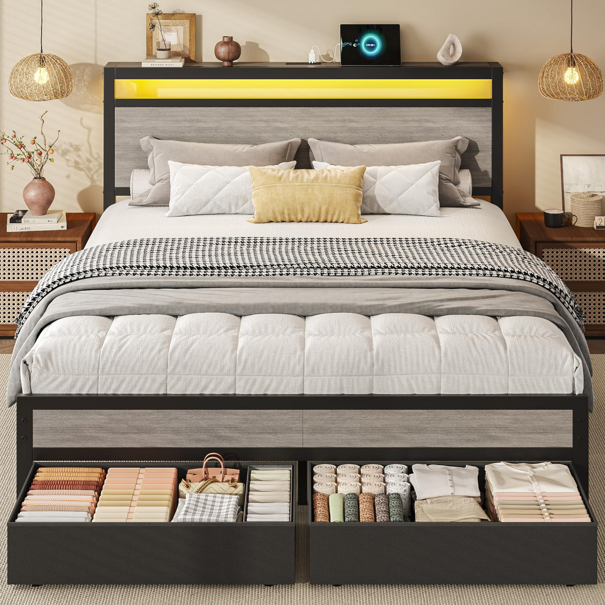 Queen Size Storage Bed Frame with Wood Headboard and LED Lights P442