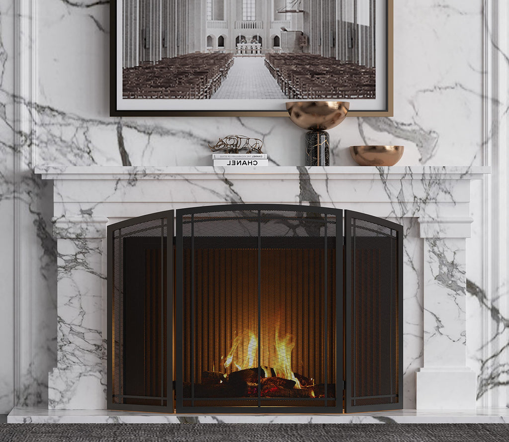 Black 3 Panel Wrought Iron Fireplace Screen 48x30 Inch K73968