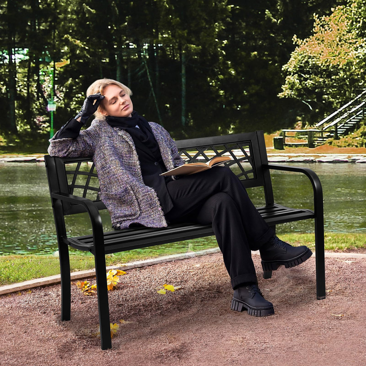 46" Iron Steel Frame Garden Bench with Mesh Pattern and Plastic Backrest S2906